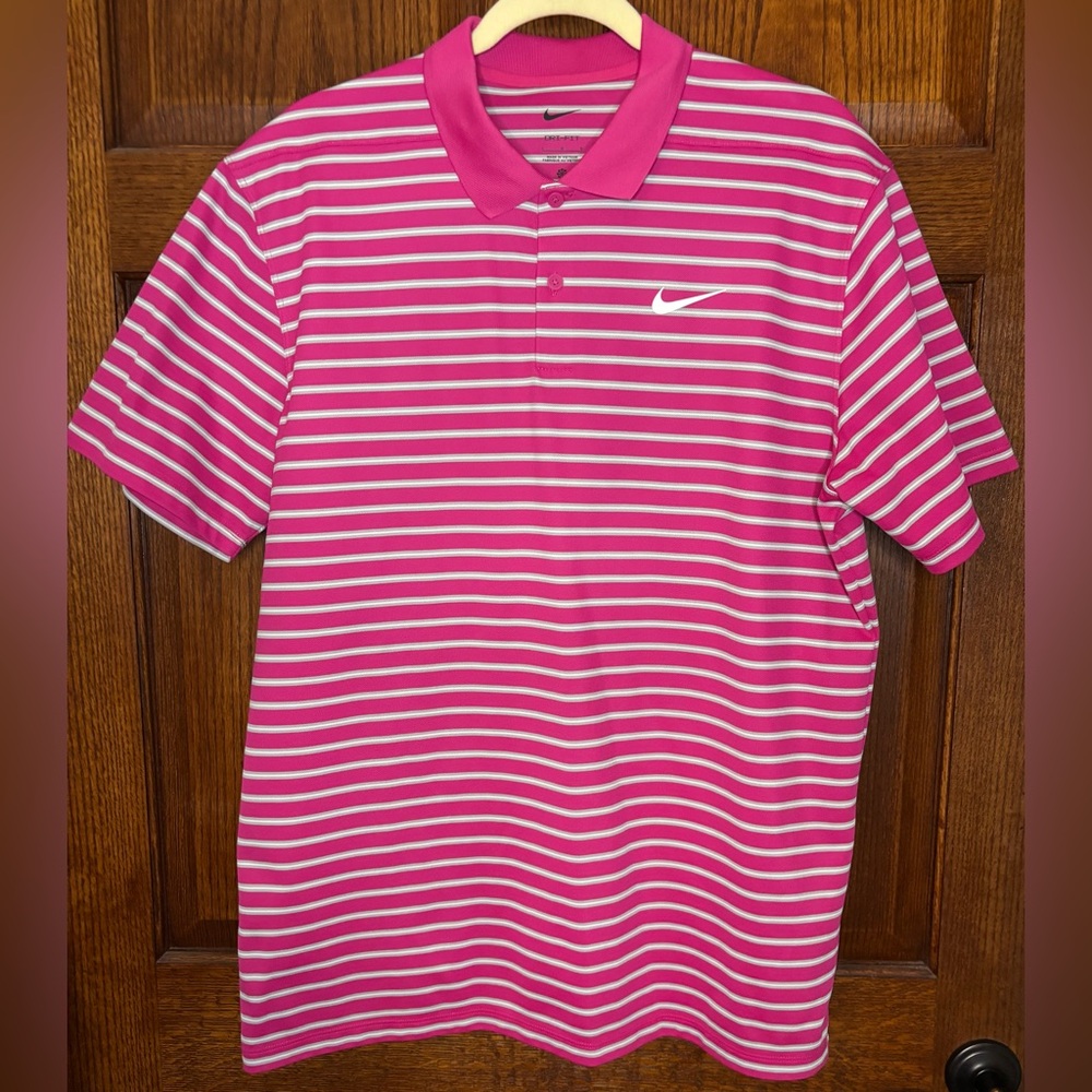 Nike Dri-Fit Men's Pink Striped Polo Shirt Large